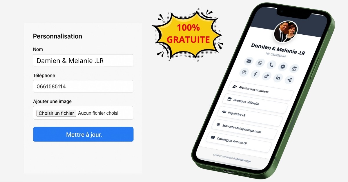 Interface de personnalisation de la carte de visite digitale Metapartage