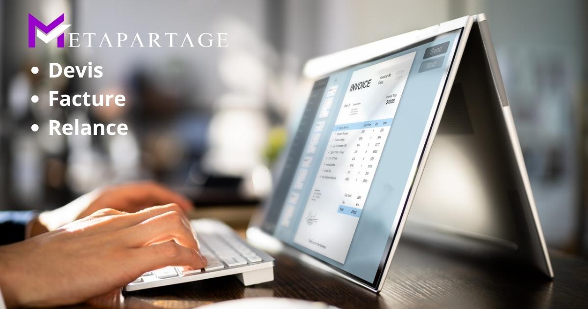Interface du CRM Metapartage montrant la gestion des contacts et la facturation